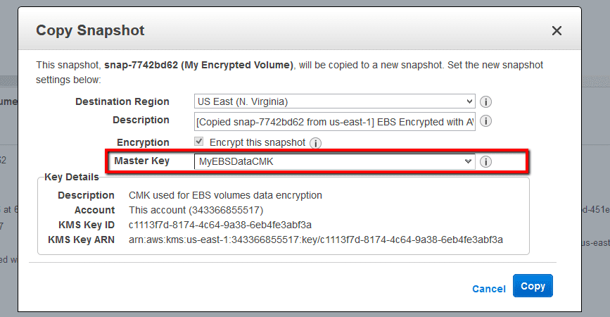select your new CMK customer-managed key from the Master Key dropdown list