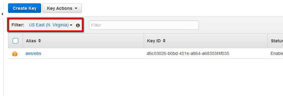 Select the appropriate AWS region from the Filter menu