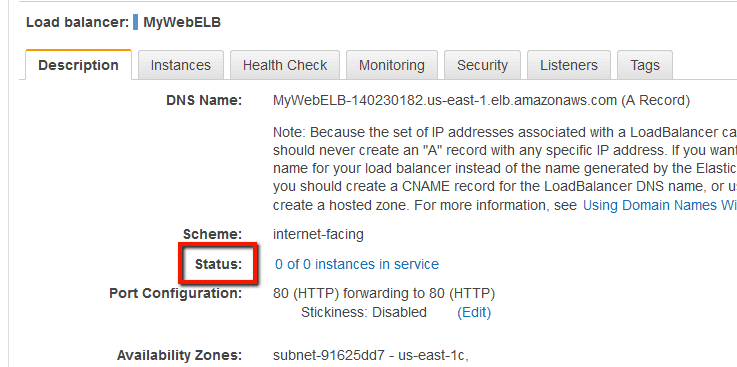 Status section of Load Balancer on AWS console