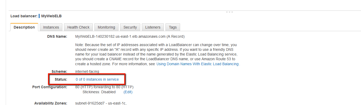In service section of Load Balancer on AWS console